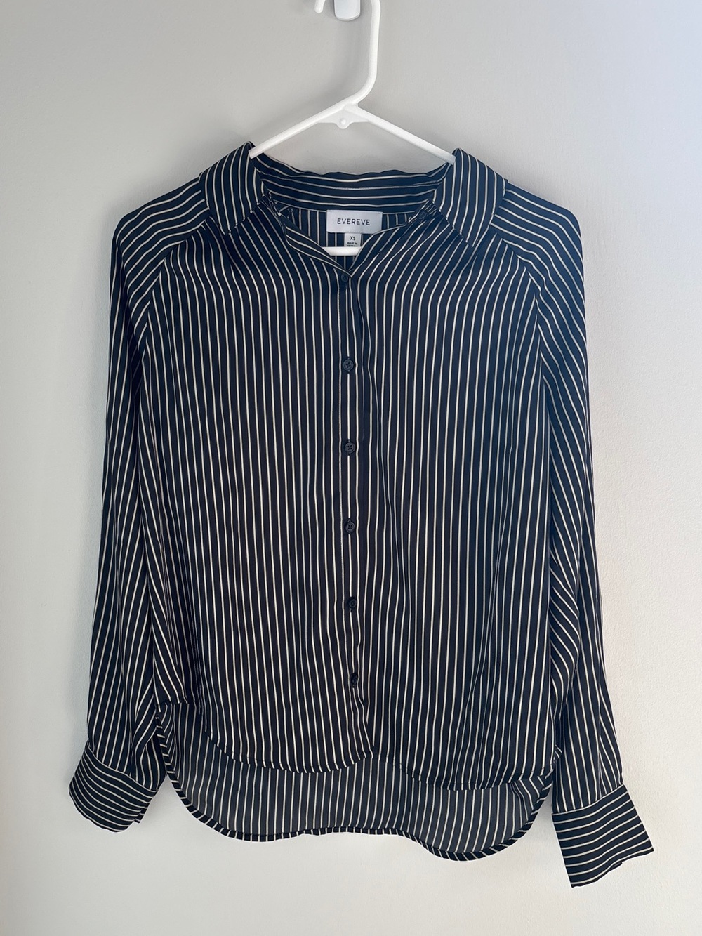 Evereve Black and White Stripe Satin Button-Front Blouse